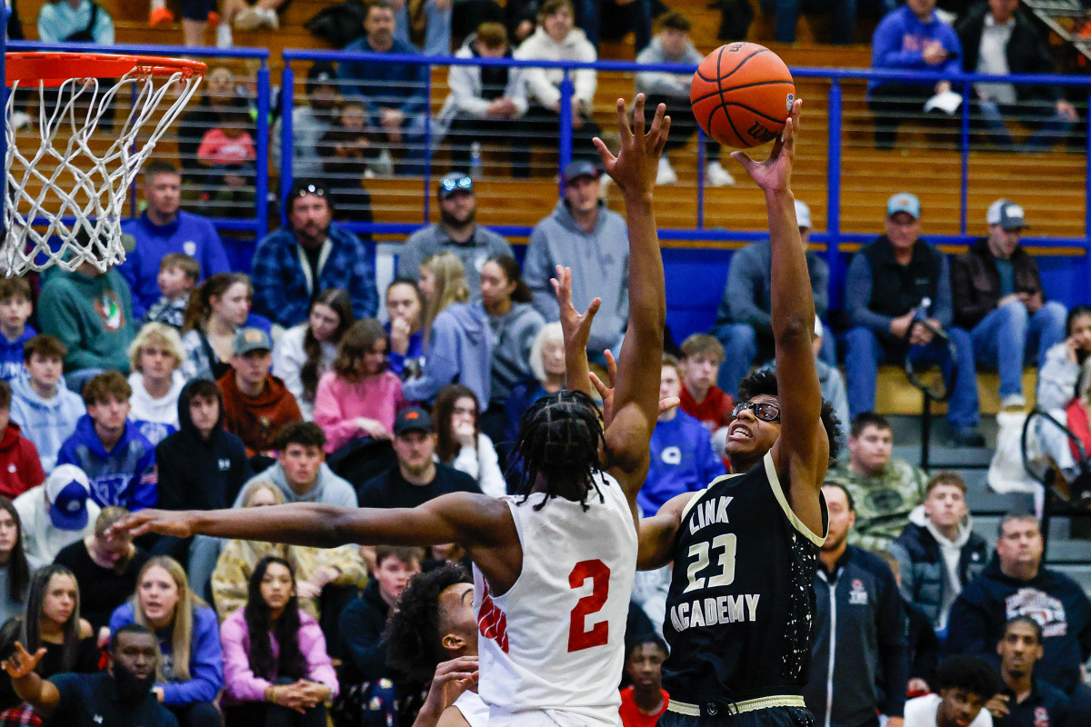 Link Academy center James Brown lets a hook shot go against Burlington School (N.C.) at the Quincy Shootout.